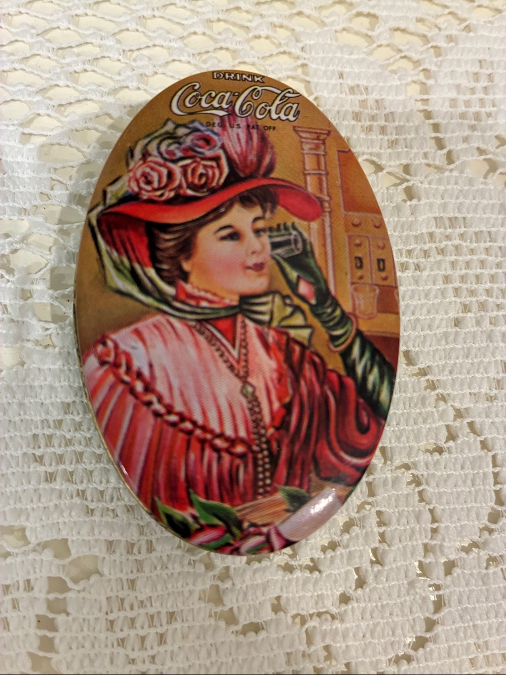 Coca-Cola Lady Oval Sewing  Tin W/ Pink and Beige. 3”